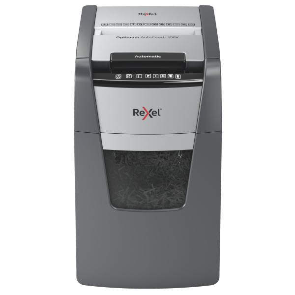 Rexel Optimum AutoFeed 130X Shredder – Front View Front view of Rexel Optimum AutoFeed+ 130X Automatic Cross Cut Shredder
