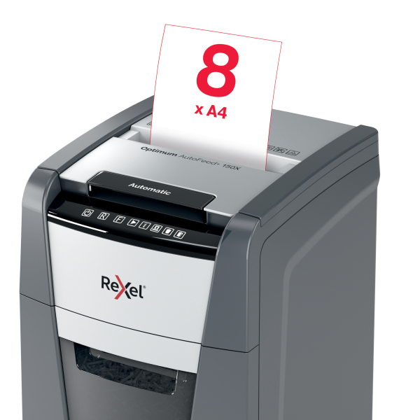 Rexel Optimum AutoFeed+ 150X Shredder – Front View Front view of Rexel Optimum AutoFeed+ 150X Automatic 150 Sheet Cross Cut Shredder