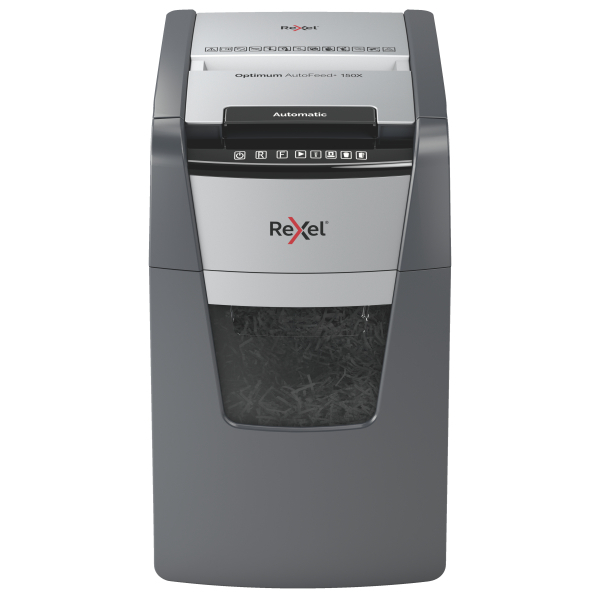 Rexel Optimum AutoFeed+ 150X Shredder – Front View Front view of Rexel Optimum AutoFeed+ 150X Automatic 150 Sheet Cross Cut Shredder