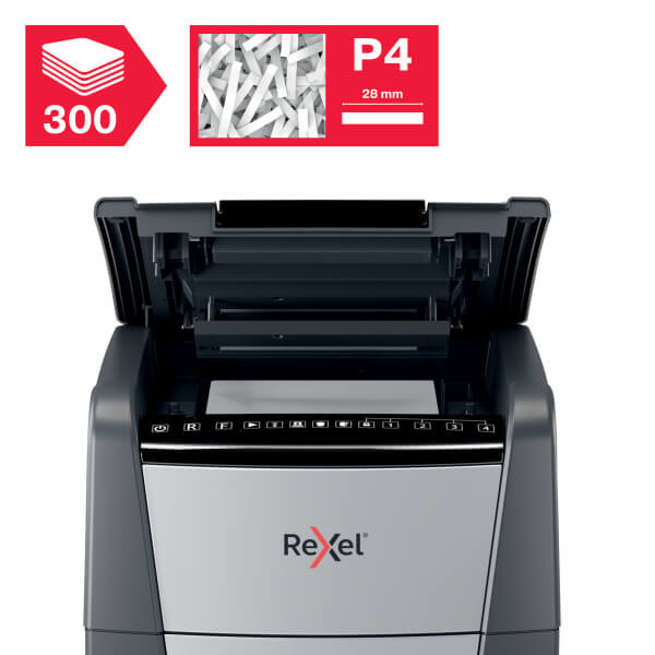 Front view of Rexel Optimum AutoFeed+ 300X Automatic 300 Sheet Cross Cut Shredder