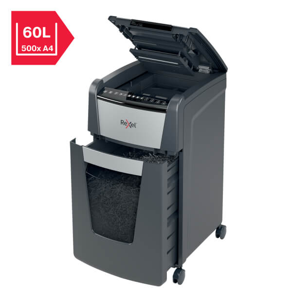 Front view of Rexel Optimum AutoFeed+ 300X Automatic 300 Sheet Cross Cut Shredder
