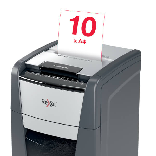 Front view of Rexel Optimum AutoFeed+ 300X Automatic 300 Sheet Cross Cut Shredder