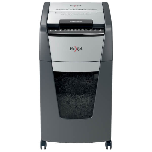 Front view of Rexel Optimum AutoFeed+ 300X Automatic 300 Sheet Cross Cut Shredder