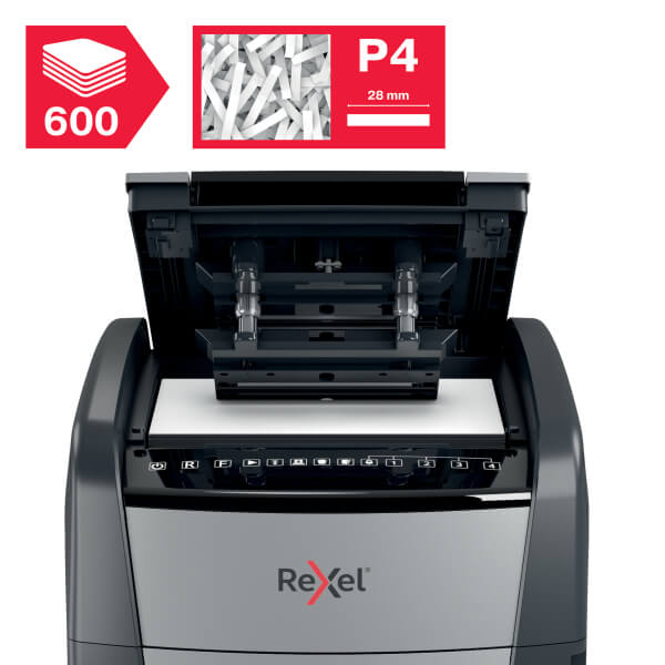 Rexel Optimum AutoFeed+ 600X Shredder – Front View Front view of Rexel Optimum AutoFeed+ 600X Automatic 600 Sheet Cross Cut Shredder