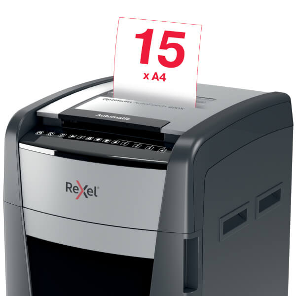 Rexel Optimum AutoFeed+ 600X Shredder – Front View Front view of Rexel Optimum AutoFeed+ 600X Automatic 600 Sheet Cross Cut Shredder