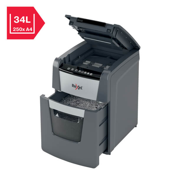 Rexel Optimum AutoFeed+ 90X Shredder – Front View Front view of Rexel Optimum AutoFeed+ 90X Automatic 90 Sheet Cross Cut Shredder
