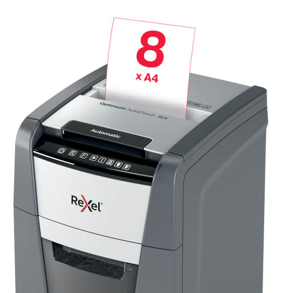 Rexel Optimum AutoFeed+ 90X Shredder – Front View Front view of Rexel Optimum AutoFeed+ 90X Automatic 90 Sheet Cross Cut Shredder
