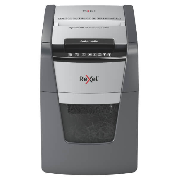 Rexel Optimum AutoFeed+ 90X Shredder – Front View Front view of Rexel Optimum AutoFeed+ 90X Automatic 90 Sheet Cross Cut Shredder