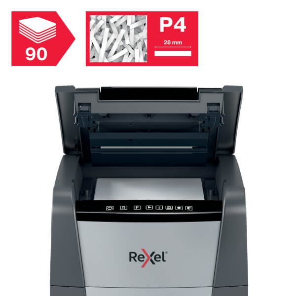 Rexel Optimum AutoFeed+ 90X Shredder – Front View Front view of Rexel Optimum AutoFeed+ 90X Automatic 90 Sheet Cross Cut Shredder