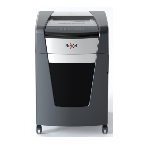 REXEL Momentum XP420+ Shredder – Left Side View Left side view of REXEL Momentum Extra XP420+ Jam Free Cross Cut Shredder