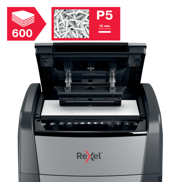 Rexel Optimum AutoFeed+ 600X Shredder – Front View Front view of Rexel Optimum AutoFeed+ 600X Automatic 600 Sheet Cross Cut Shredder