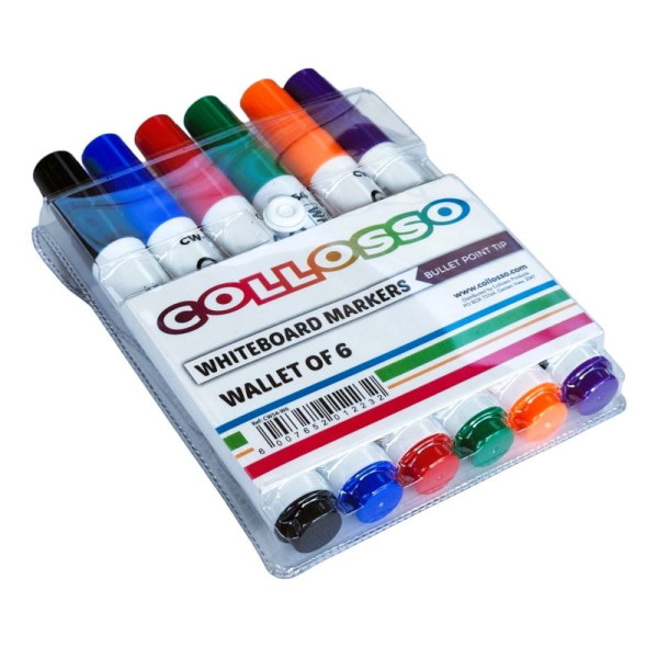 COLLOSSO Whiteboard Markers Bullet Tip - Wallet of 6 Assorted Colours
