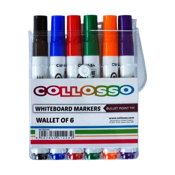 COLLOSSO Whiteboard Markers Bullet Tip - Wallet of 6 Assorted Colours