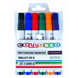 COLLOSSO Whiteboard Markers Bullet Tip - Wallet of 6 Assorted Colours