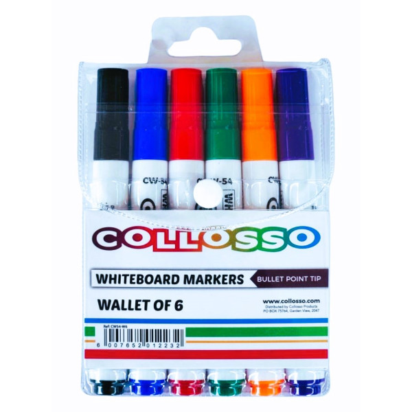 COLLOSSO Whiteboard Markers Bullet Tip - Wallet of 6 Assorted Colours