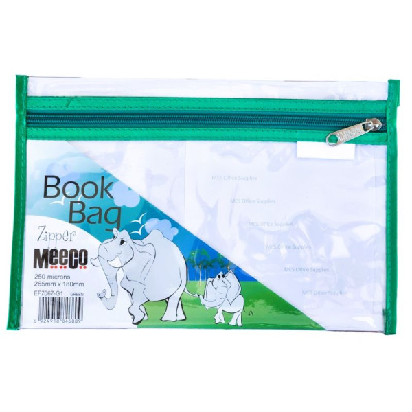 MEECO A5 Book Bag Clear PVC with Zip Green MEECO A5 Book Bag Clear PVC with Zip Green