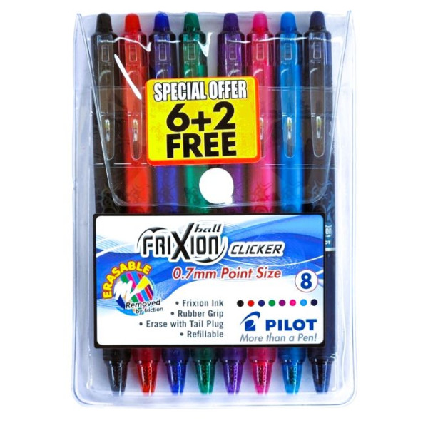 PILOT FriXion Clicker Erasable Roller Ball Pen 0.7mm - Wallet of 6 + 2 PILOT FriXion Clicker Erasable Roller Ball Pen 0.7mm - Wallet of 6 + 2