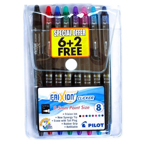 PILOT FriXion Clicker Erasable Roller Ball Pen 0.5mm - Wallet of 6 + 2 PILOT FriXion Clicker Erasable Roller Ball Pen 0.5mm - Wallet of 6 + 2
