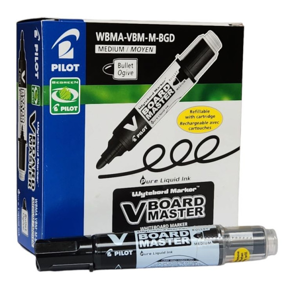 Pilot V Board Master Bullet Point Black Markers Refillable Box of 12