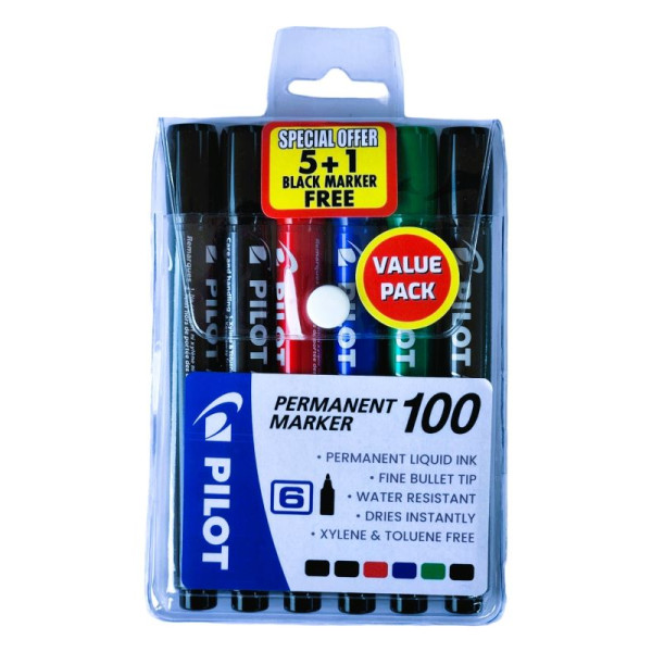 Pilot Permanent Marker 100 Bullet Tip - Wallet 5 + 1 Pilot Permanent Marker 100 Bullet Tip - Wallet 5 + 1