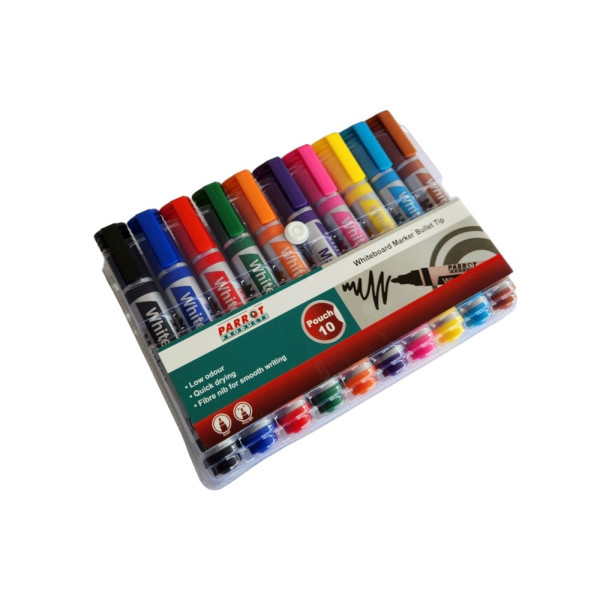 PARROT Whiteboard Markers Bullet Tip - Wallet of 10 Assorted Colours