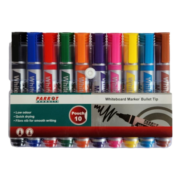 PARROT Whiteboard Markers Bullet Tip - Wallet of 10 Assorted Colours