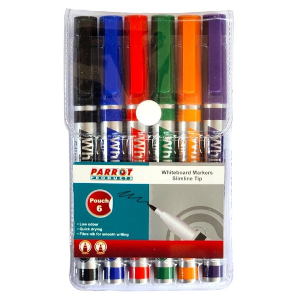 PARROT Whiteboard Markers Slimline - Wallet of 6 Assorted Colours