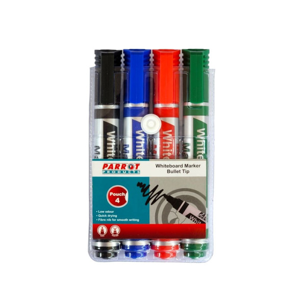 PARROT Whiteboard Markers Bullet Tip - Wallet of 4 Assorted Colours