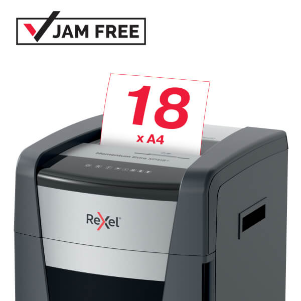 REXEL Momentum XP418+ Shredder – Front View Front view of REXEL Momentum Extra XP418+ 18 Sheet Cross Cut Shredder