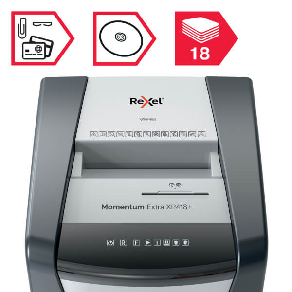 REXEL Momentum XP418+ Shredder – Front View Front view of REXEL Momentum Extra XP418+ 18 Sheet Cross Cut Shredder