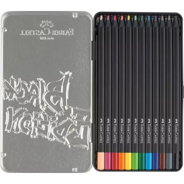 Faber-Castell Black Edition Colour Pencils Tin of 12 Front View Faber-Castell Black Edition Colour Pencils Tin of 12 shown in front packaging view