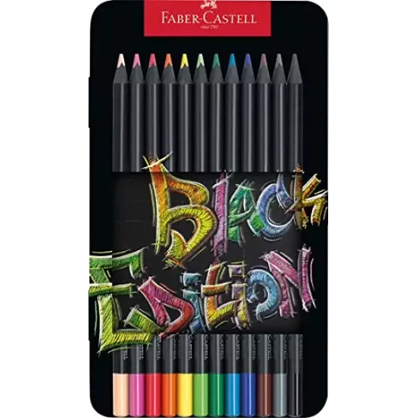 Faber-Castell Black Edition Colour Pencils Tin of 12 Front View Faber-Castell Black Edition Colour Pencils Tin of 12 shown in front packaging view