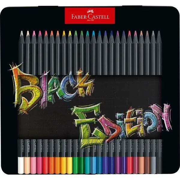 Faber-Castell Black Edition Colour Pencils Tin of 24 Front View Faber-Castell Black Edition Colour Pencils Tin of 24 shown in front packaging view