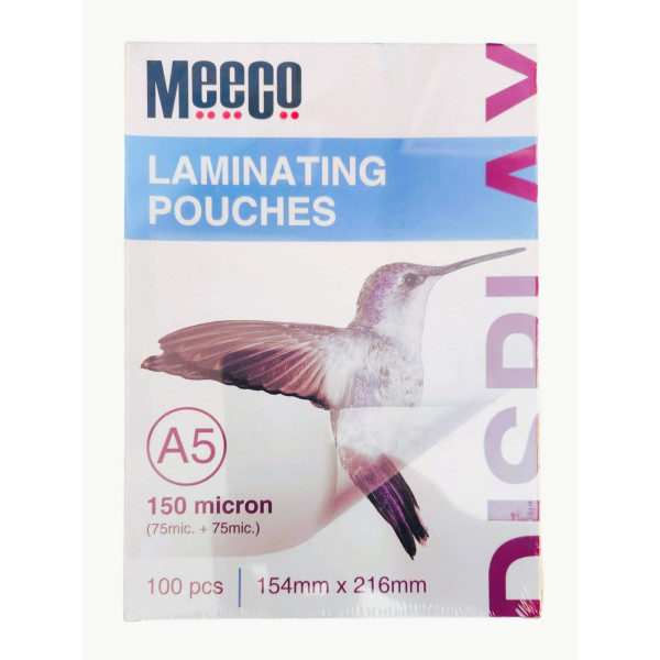 MEECO A5 Laminating Pouches Gloss 150 Micron 100 Pack MEECO A5 gloss laminating pouches 150 micron 100 pack for small signs, notices and reference sheets