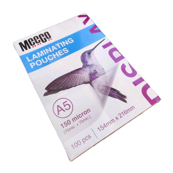 MEECO A5 Laminating Pouches Gloss 150 Micron 100 Pack MEECO A5 gloss laminating pouches 150 micron 100 pack for small signs, notices and reference sheets