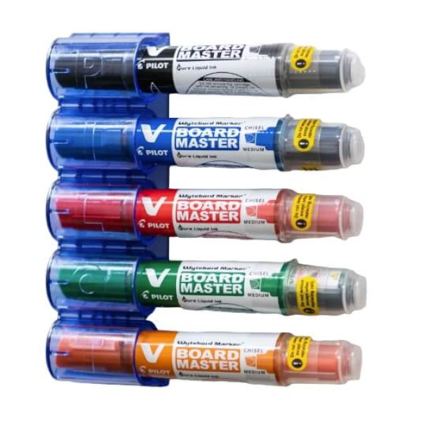 PILOT V Board Master Chisel Point Markers – 5 Colours with Holder Set of 5 PILOT V Board Master refillable chisel whiteboard markers with magnetic holder