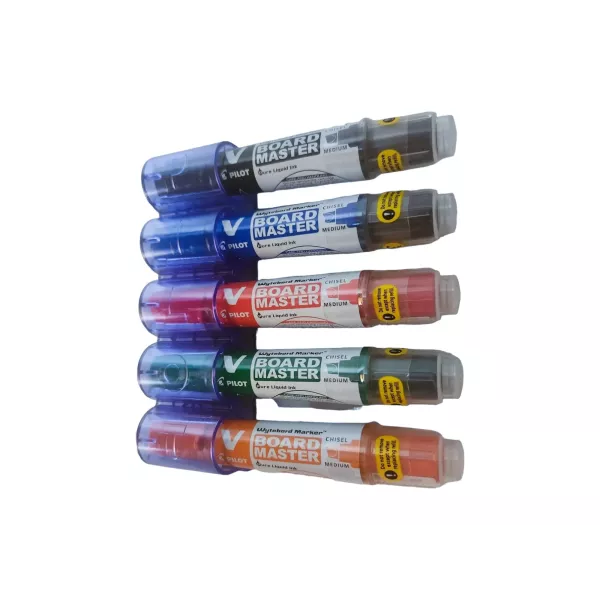 PILOT V Board Master Chisel Point Markers – 5 Colours with Holder Set of 5 PILOT V Board Master refillable chisel whiteboard markers with magnetic holder