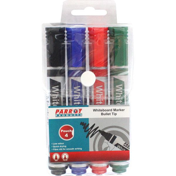 PARROT Whiteboard Markers Bullet Tip - Wallet of 4 Assorted Colours