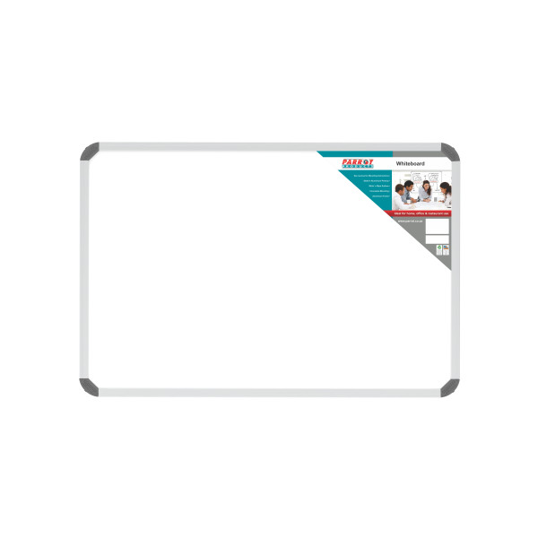 PARROT non-magnetic whiteboard 900 x 600mm BD1225 front view with aluminium frame and product label