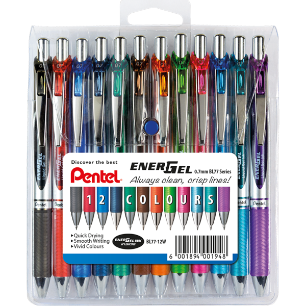 PENTEL BL77-12W EnerGel 0.7mm Retractable Gel Rollerball Pens - Wallet of 12