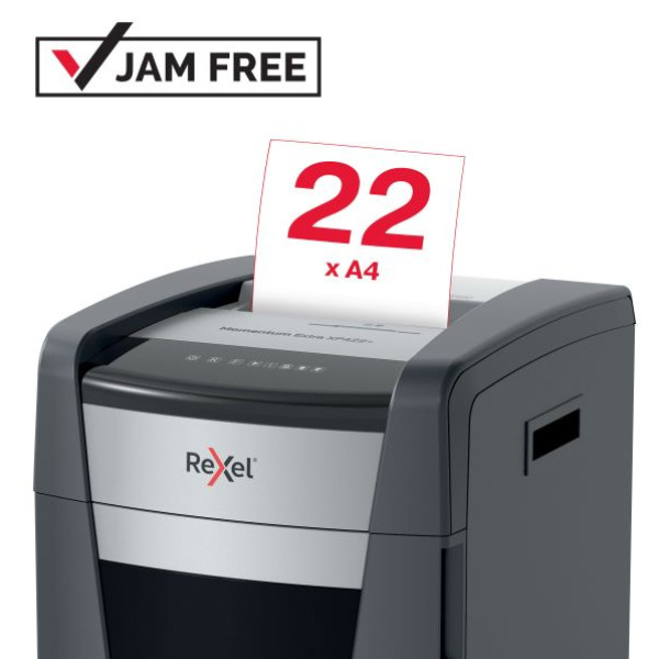 REXEL Momentum XP422+ Shredder – Front View Front view of REXEL Momentum Extra XP422+ 22 Sheet Cross Cut Shredder