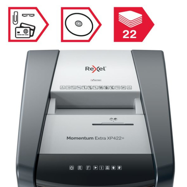 REXEL Momentum XP422+ Shredder – Front View Front view of REXEL Momentum Extra XP422+ 22 Sheet Cross Cut Shredder