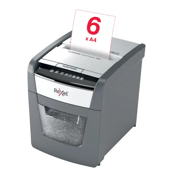 Rexel Optimum AutoFeed+ 50X Shredder – Front View Front view of Rexel Optimum AutoFeed+ 50X Automatic 50 Sheet Cross Cut Shredder