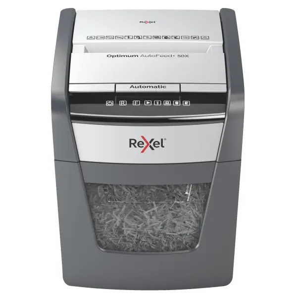 Rexel Optimum AutoFeed+ 50X Shredder – Front View Front view of Rexel Optimum AutoFeed+ 50X Automatic 50 Sheet Cross Cut Shredder