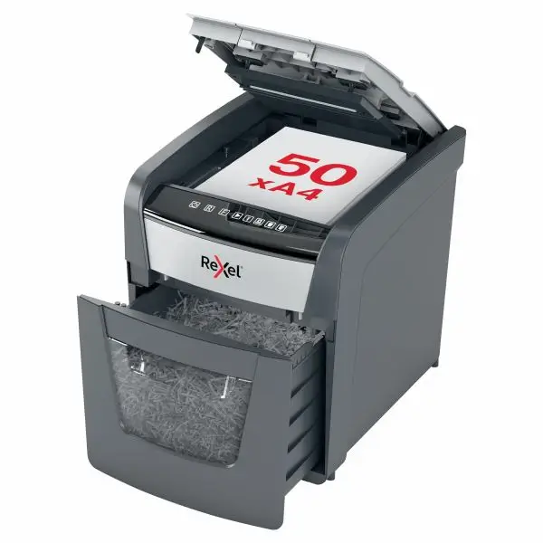 Rexel Optimum AutoFeed+ 50X Shredder – Front View Front view of Rexel Optimum AutoFeed+ 50X Automatic 50 Sheet Cross Cut Shredder