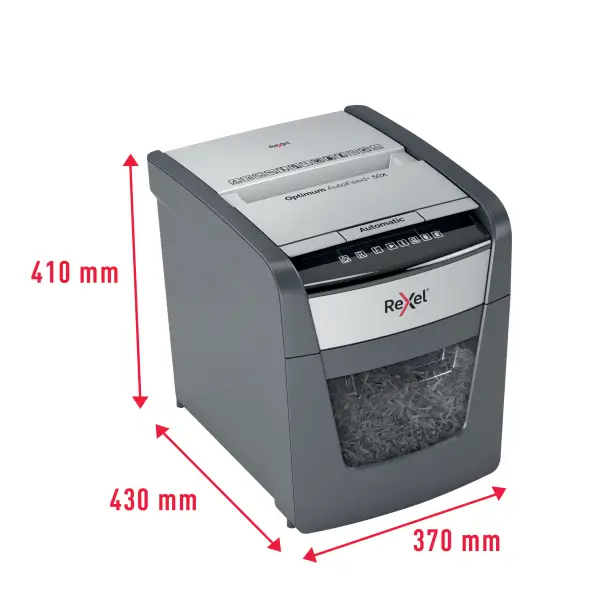 Rexel Optimum AutoFeed+ 50X Shredder – Front View Front view of Rexel Optimum AutoFeed+ 50X Automatic 50 Sheet Cross Cut Shredder