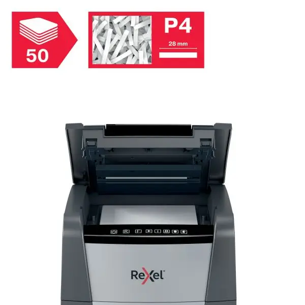Rexel Optimum AutoFeed+ 50X Shredder – Front View Front view of Rexel Optimum AutoFeed+ 50X Automatic 50 Sheet Cross Cut Shredder