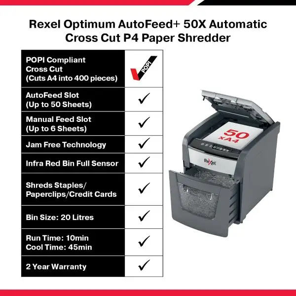 Rexel Optimum AutoFeed+ 50X Shredder – Front View Front view of Rexel Optimum AutoFeed+ 50X Automatic 50 Sheet Cross Cut Shredder