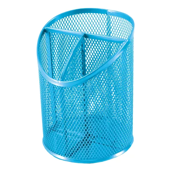 SDS Round Inclined Metal Mesh Pen Cup with 3 Compartments - Sky Blue