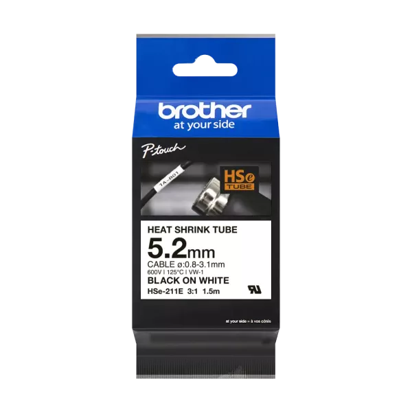 BROTHER TZE HS-211 Heat Shrink Tube Tape Black on White - 5.2mm BROTHER TZE HS-211 Heat Shrink Tube Tape Black on White - 5.2mm